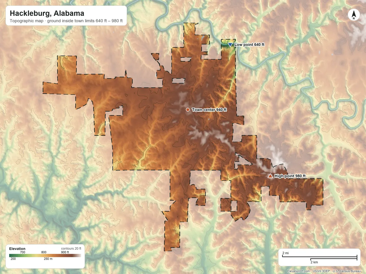 Topographic elevation map of Hackleburg, Alabama, shaded from 640 ft on the northeast side to 980 ft on the southeast side