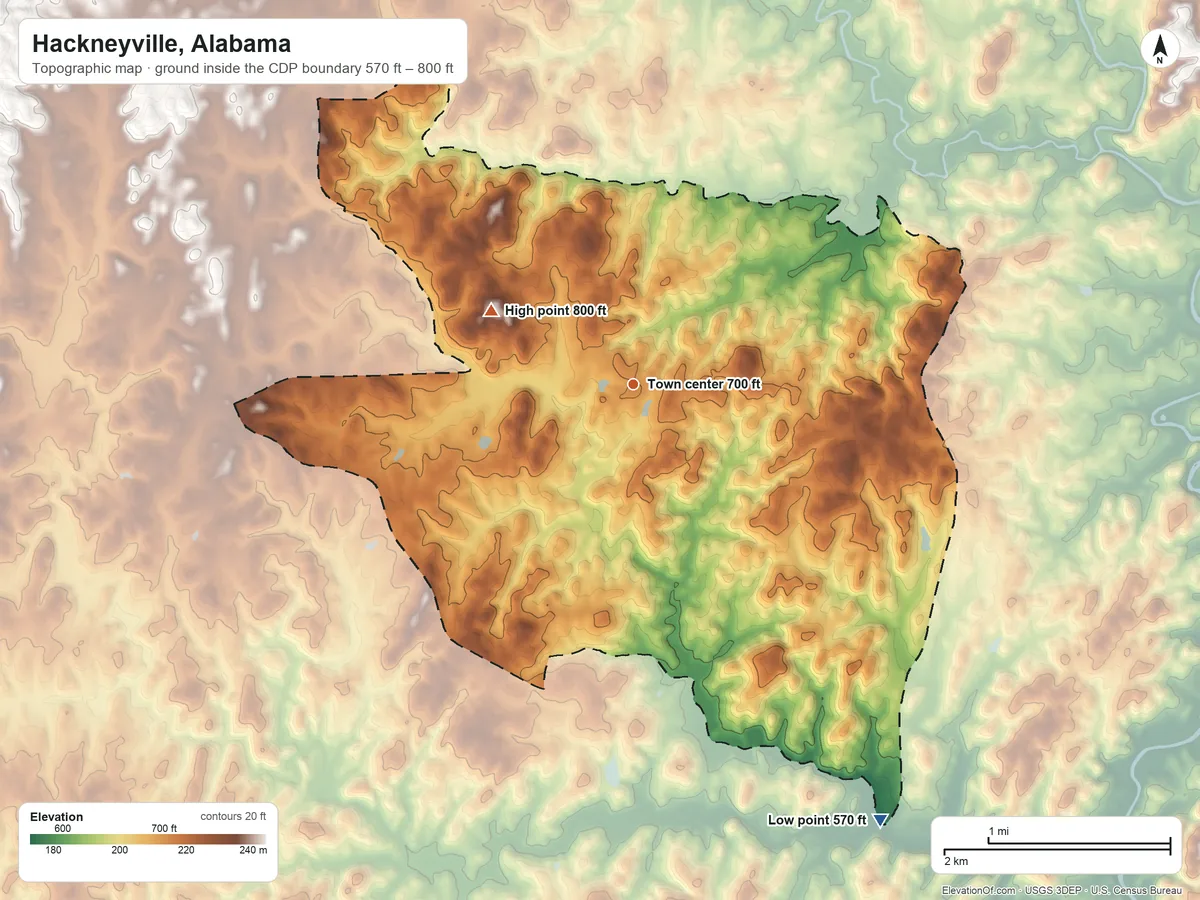 Topographic elevation map of Hackneyville, Alabama, shaded from 570 ft on the southeast side to 800 ft on the northwest side