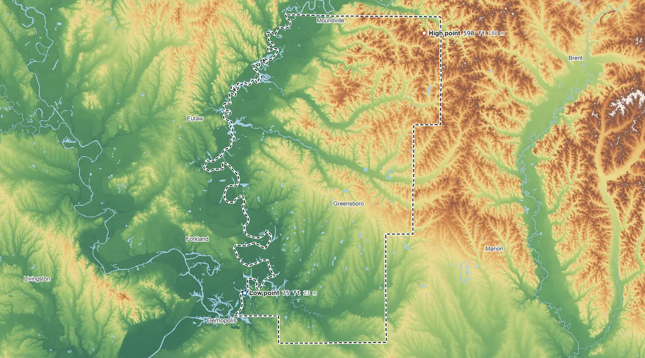 Topographic elevation map of Hale County, Alabama, shaded from 75 ft on the southwest side to 590 ft on the northeast side