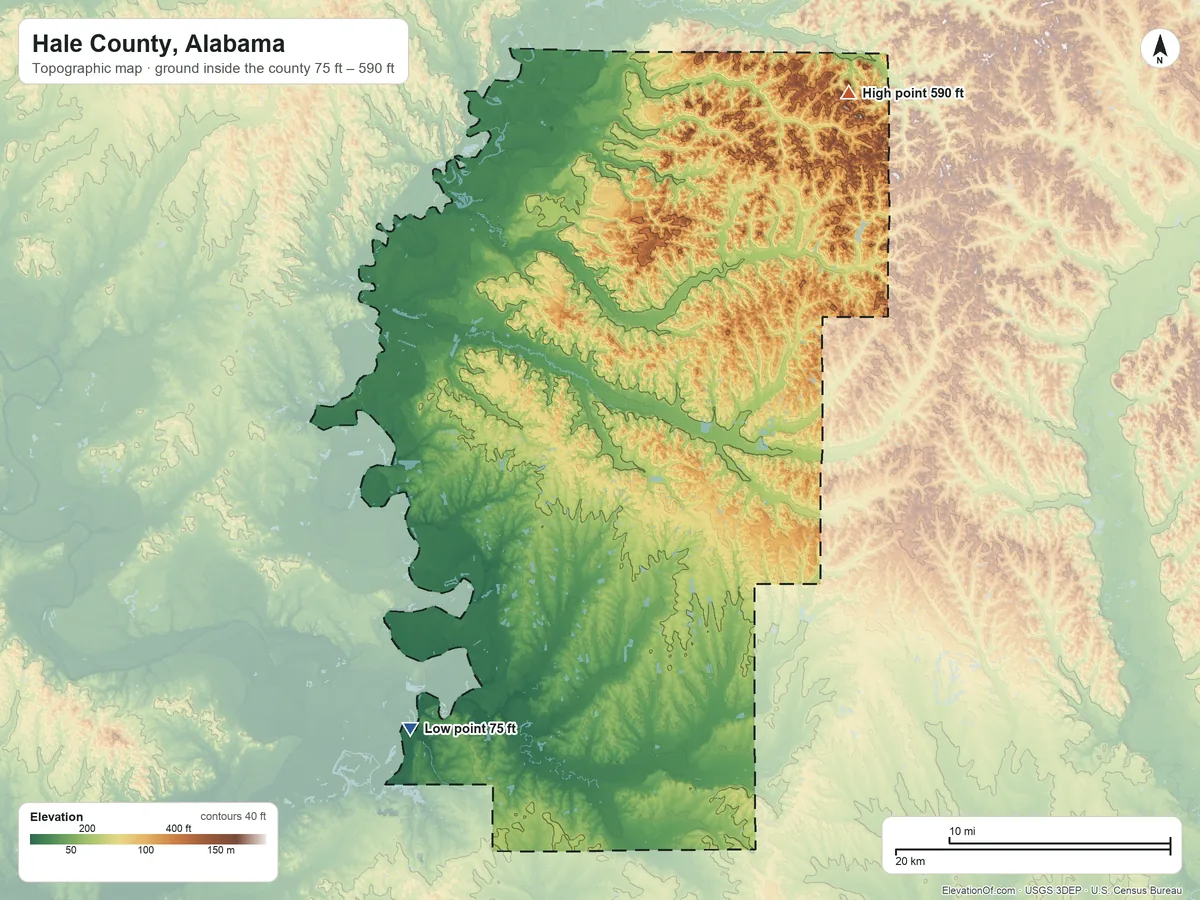 Topographic elevation map of Hale County, Alabama, shaded from 75 ft on the southwest side to 590 ft on the northeast side