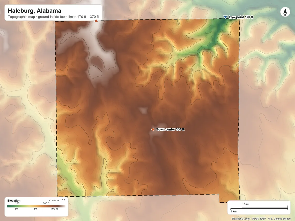 Topographic elevation map of Haleburg, Alabama, shaded from 170 ft on the northeast side to 370 ft on the northwest side