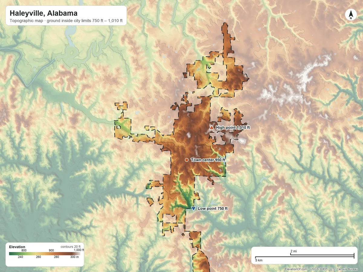 Topographic elevation map of Haleyville, Alabama, shaded from 750 ft on the south side to 1,010 ft on the northeast side