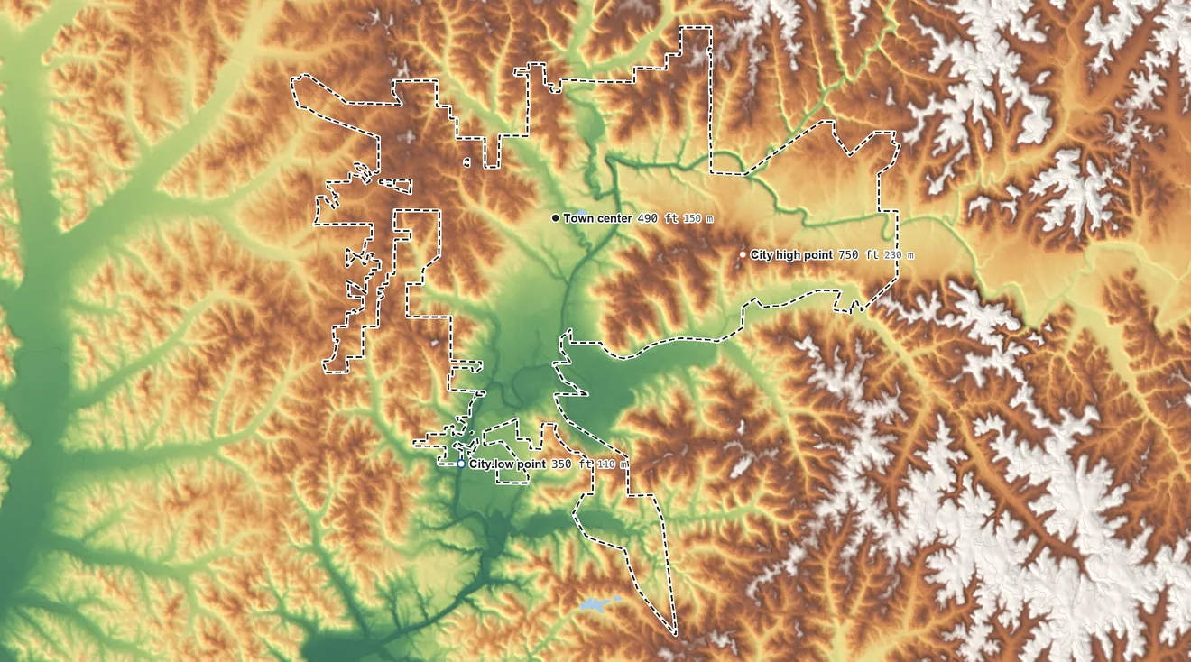 Topographic elevation map of Hamilton, Alabama, shaded from 350 ft on the south side to 750 ft on the east side