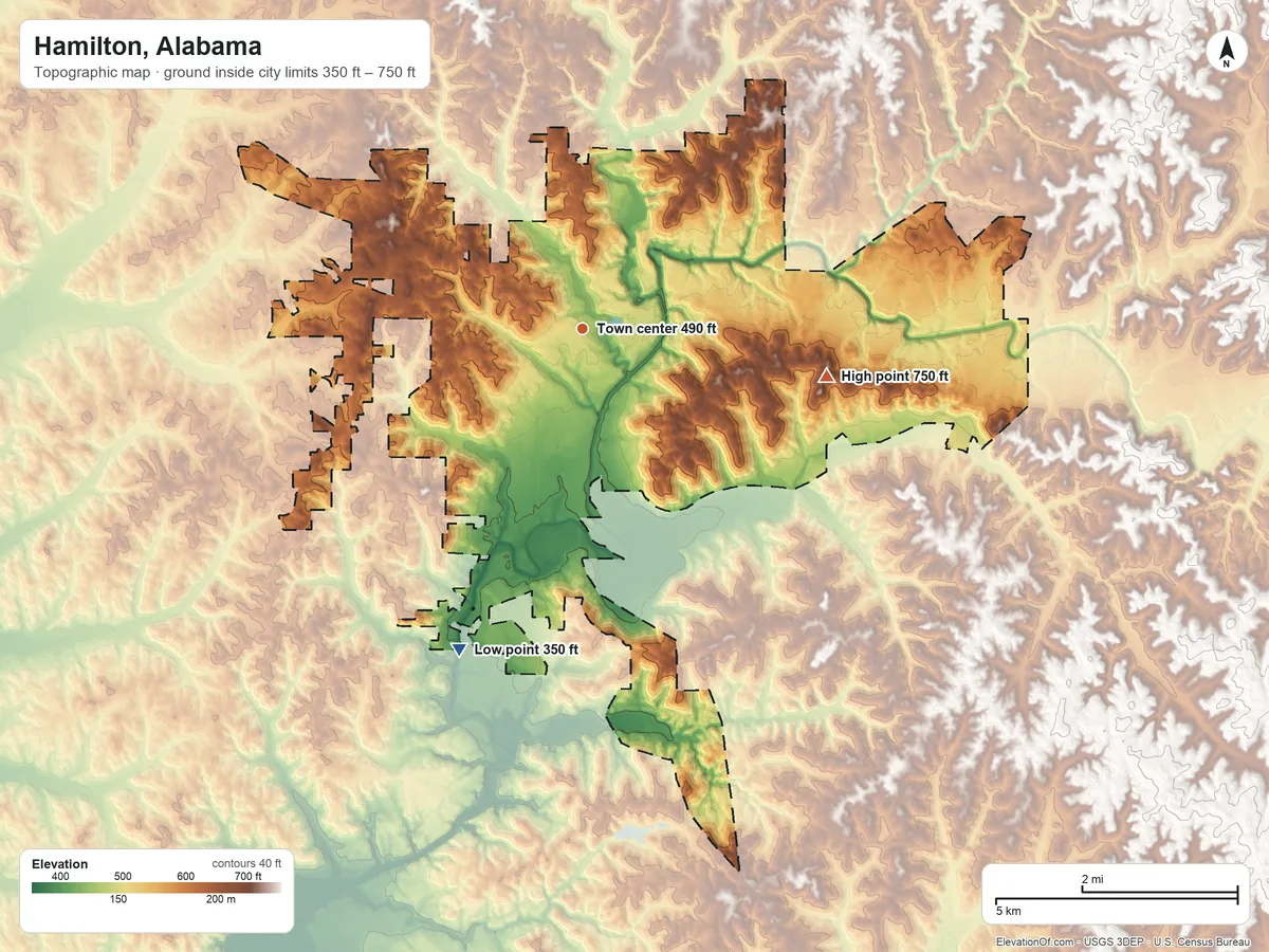 Topographic elevation map of Hamilton, Alabama, shaded from 350 ft on the south side to 750 ft on the east side