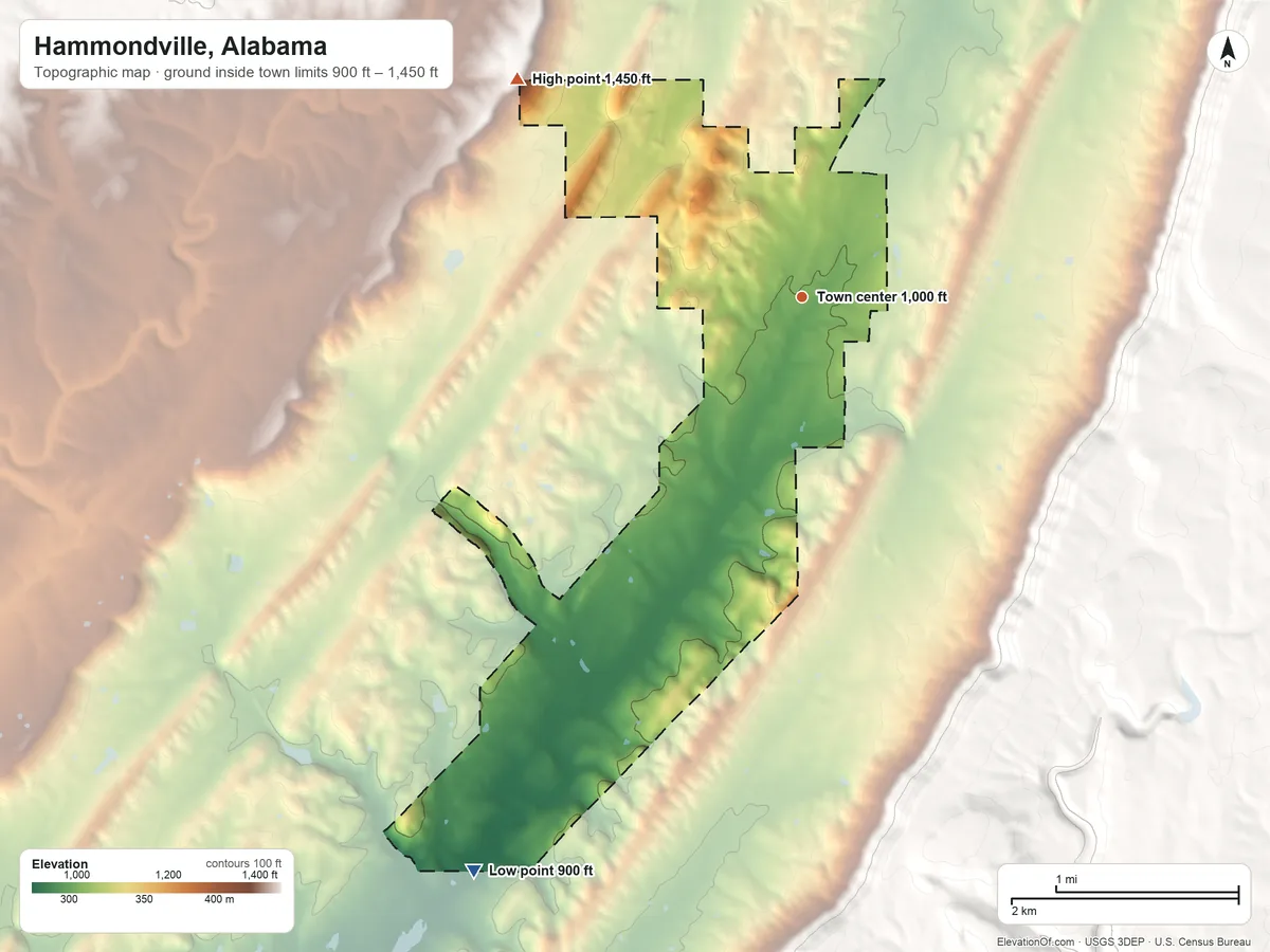 Topographic elevation map of Hammondville, Alabama, shaded from 900 ft on the southwest side to 1,450 ft on the northwest edge, below higher ground just outside
