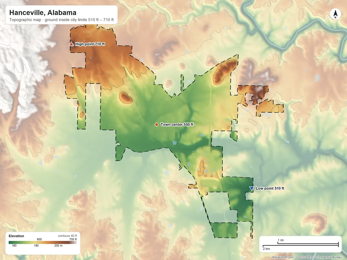 Topographic elevation map of Hanceville, Alabama, shaded from 510 ft on the southeast side to 710 ft on the northwest side