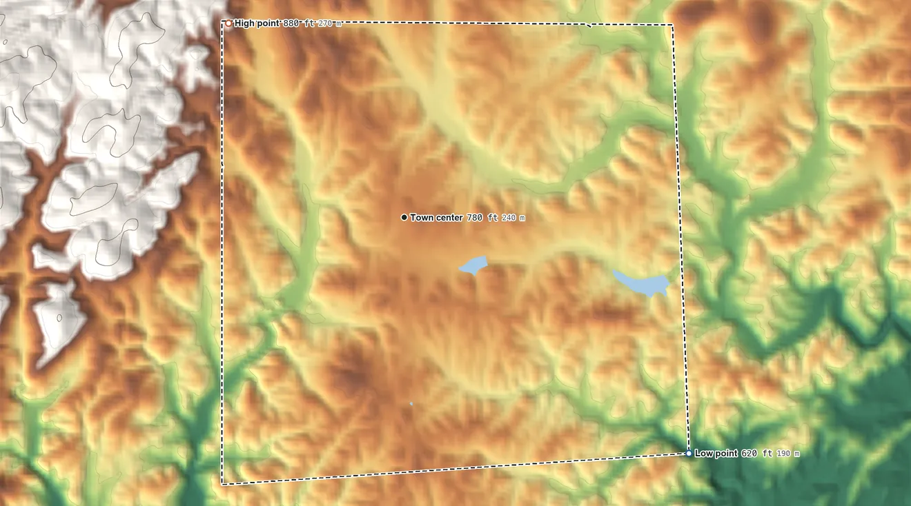 Topographic elevation map of Hanover, Alabama, shaded from 620 ft on the southeast side to 880 ft on the northwest side
