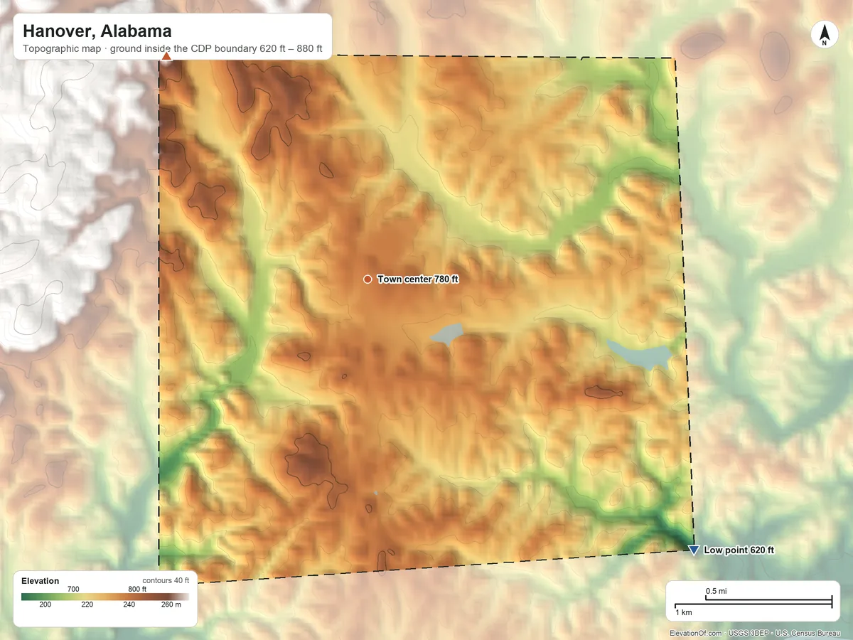 Topographic elevation map of Hanover, Alabama, shaded from 620 ft on the southeast side to 880 ft on the northwest side