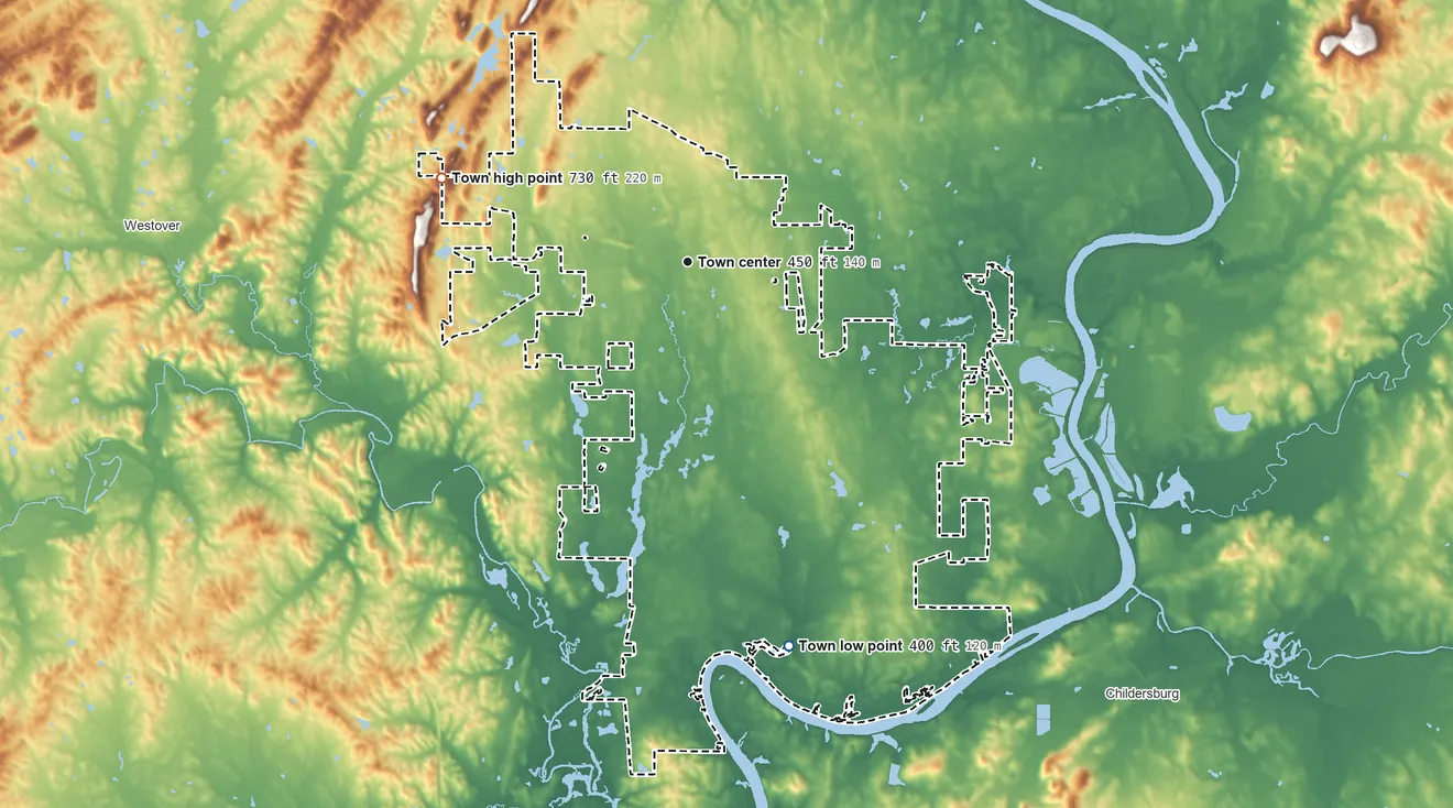 Topographic elevation map of Harpersville, Alabama, shaded from 400 ft on the south side to 730 ft on the west side