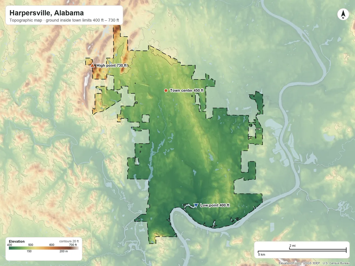 Topographic elevation map of Harpersville, Alabama, shaded from 400 ft on the south side to 730 ft on the west side