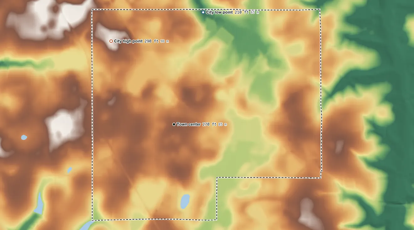 Topographic elevation map of Hartford, Alabama, shaded from 210 ft on the north side to 290 ft on the northwest side