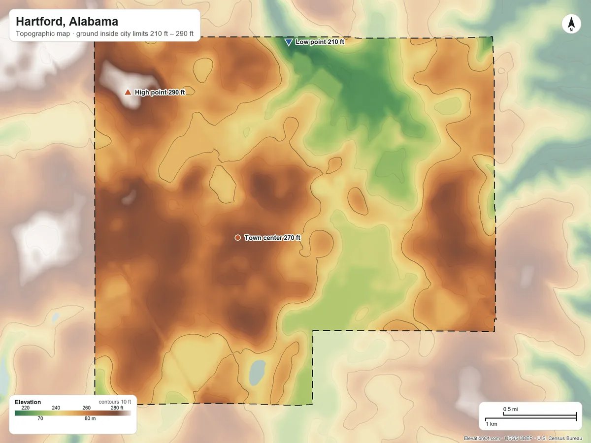Topographic elevation map of Hartford, Alabama, shaded from 210 ft on the north side to 290 ft on the northwest side