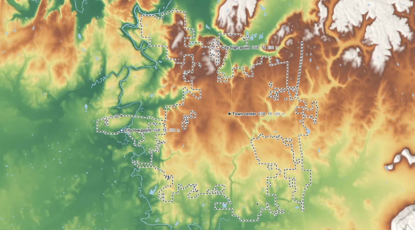 Topographic elevation map of Hartselle, Alabama, shaded from 560 ft on the west side to 760 ft on the north side