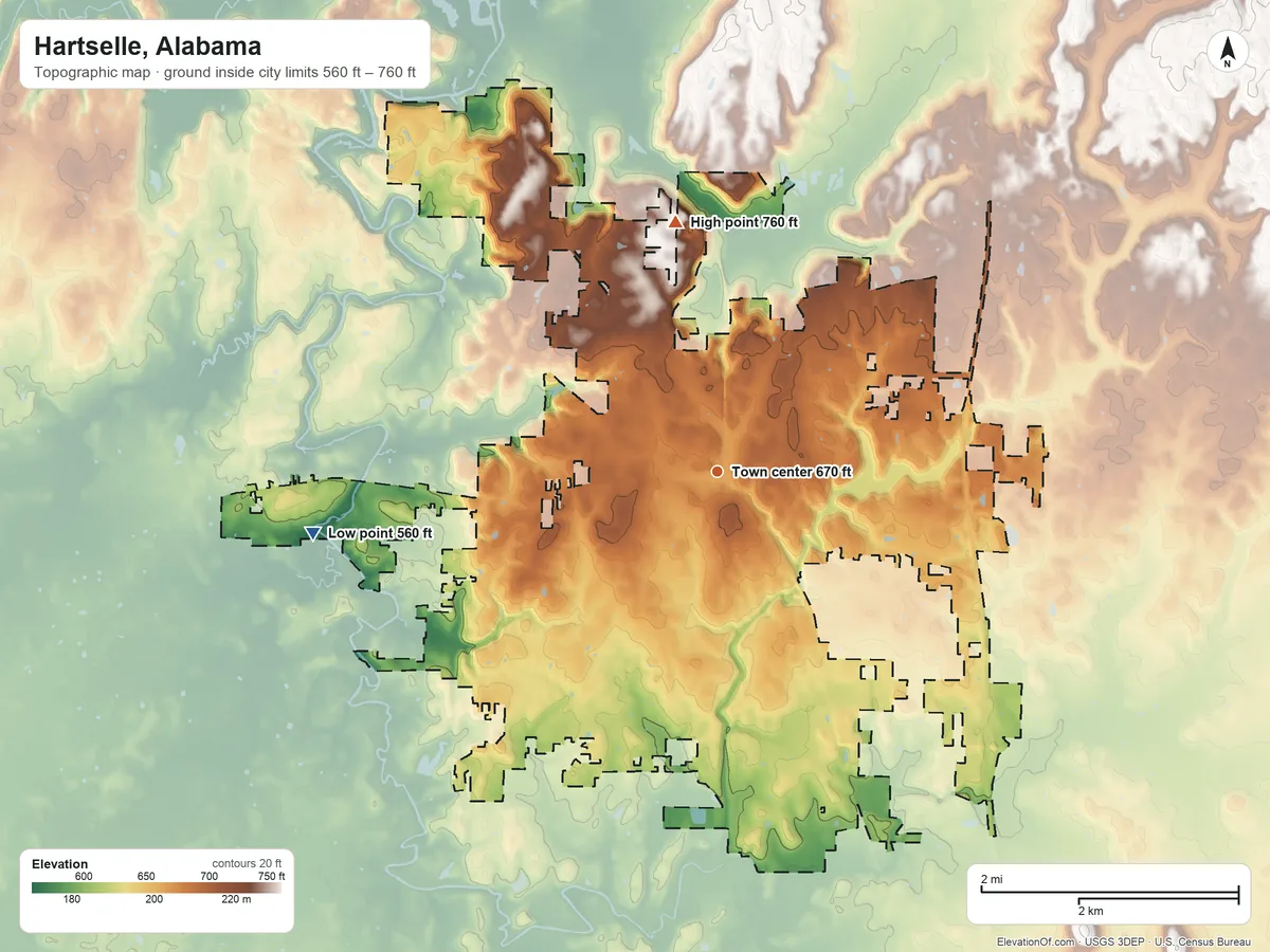 Topographic elevation map of Hartselle, Alabama, shaded from 560 ft on the west side to 760 ft on the north side