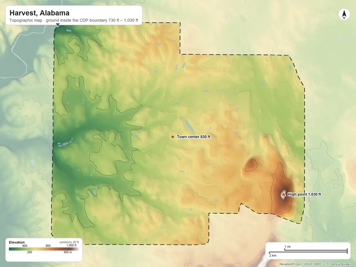 Topographic elevation map of Harvest, Alabama, shaded from 730 ft on the northwest side to 1,030 ft on the southeast side