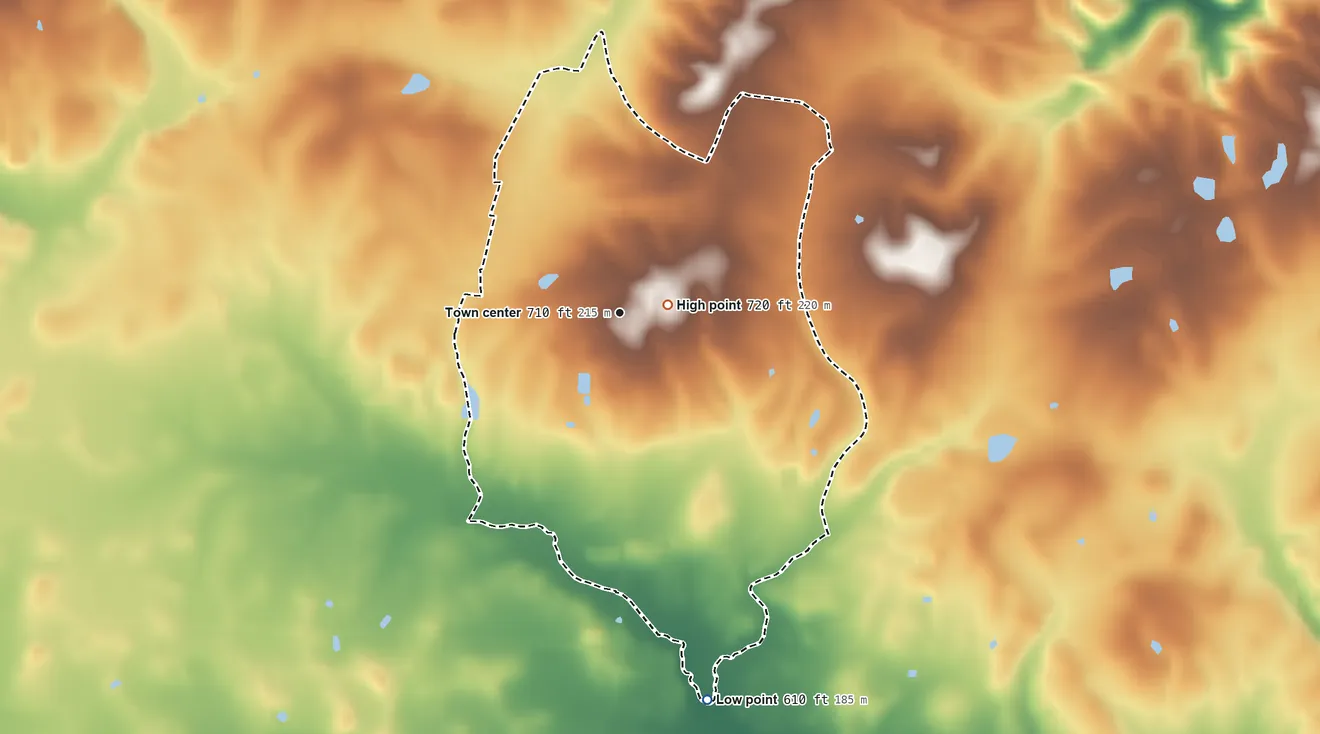 Topographic elevation map of Hatton, Alabama, shaded from 610 ft on the south side to 720 ft near the middle