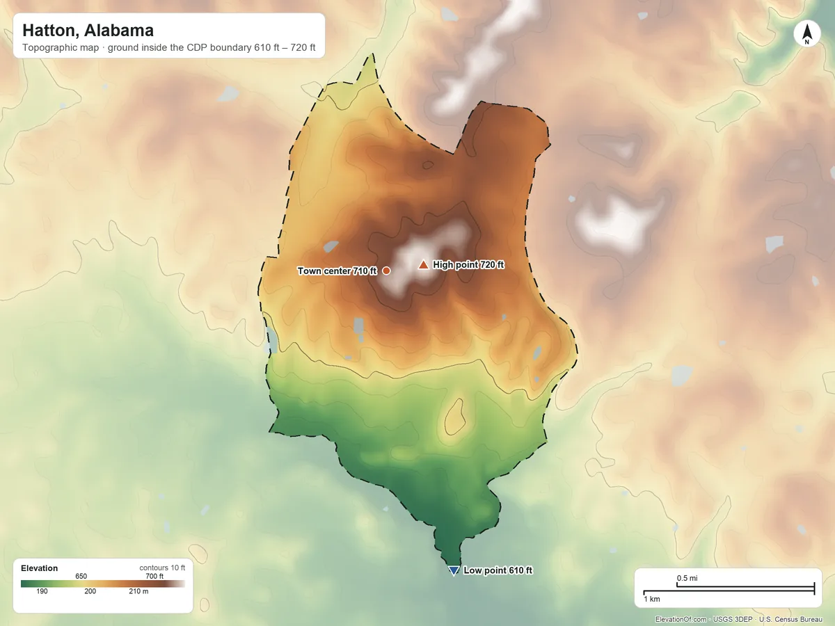 Topographic elevation map of Hatton, Alabama, shaded from 610 ft on the south side to 720 ft near the middle