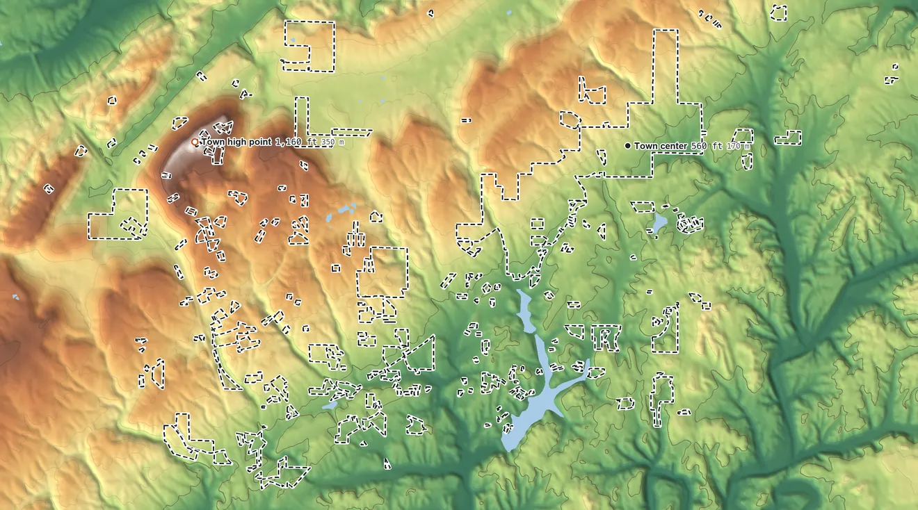 Topographic elevation map of Hayden, Alabama, shaded from 340 ft on the northwest side to 1,160 ft on Bryant Mountain