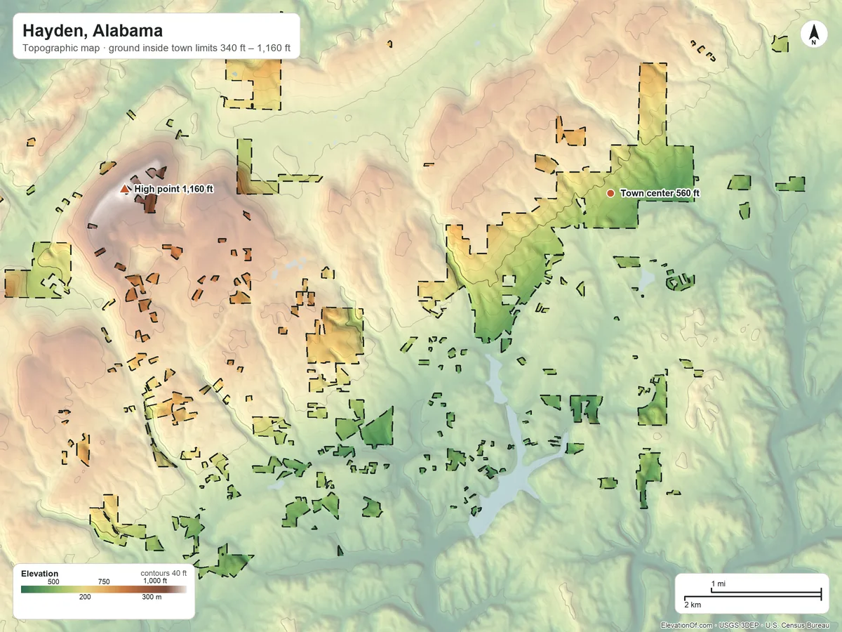 Topographic elevation map of Hayden, Alabama, shaded from 340 ft on the northwest side to 1,160 ft on Bryant Mountain