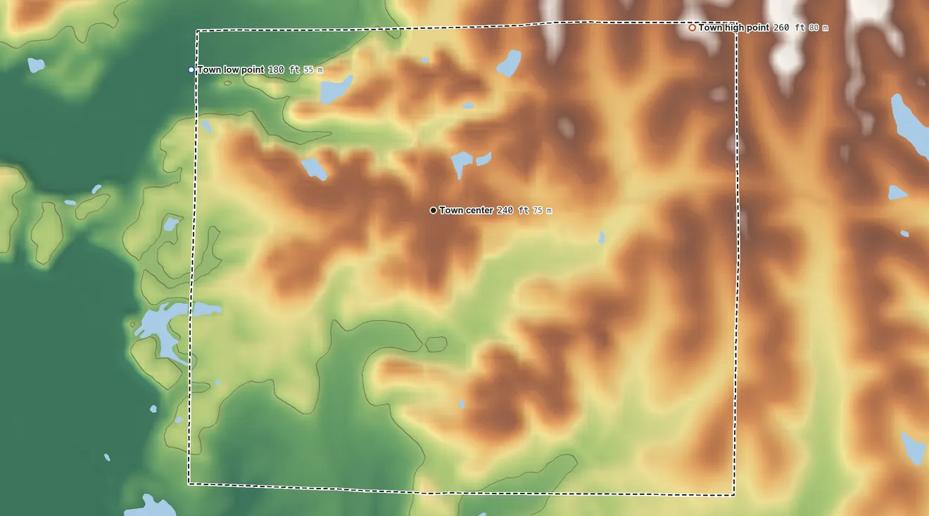 Topographic elevation map of Hayneville, Alabama, shaded from 180 ft on the northwest side to 260 ft on the northeast side