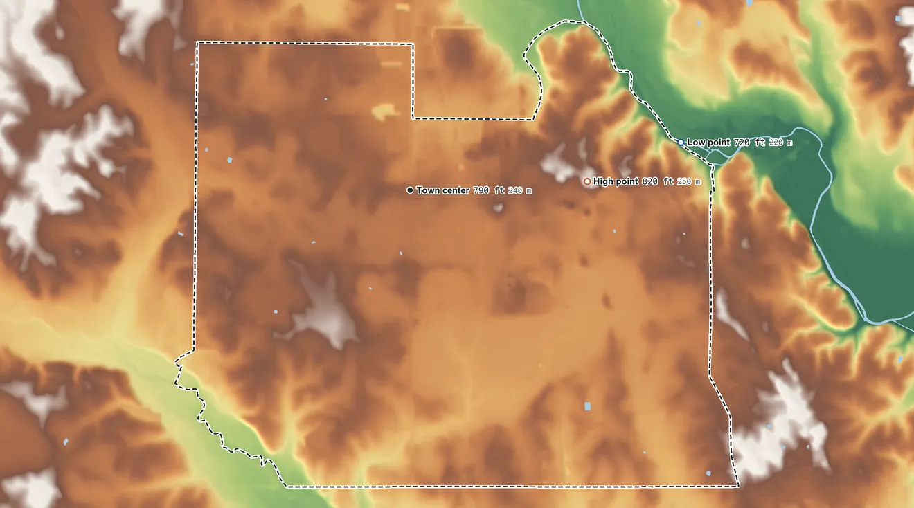 Topographic elevation map of Hazel Green, Alabama, shaded from 720 ft on the east side to 820 ft on the east side