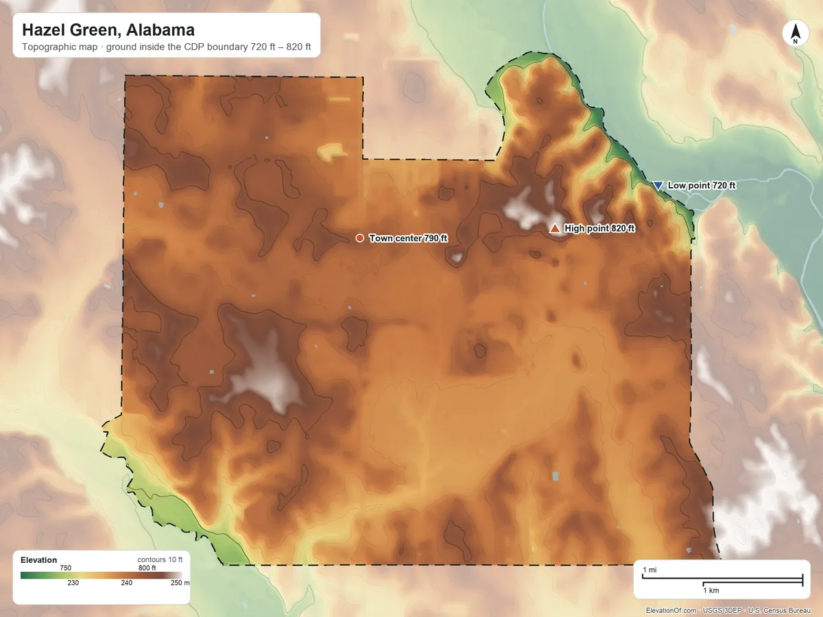Topographic elevation map of Hazel Green, Alabama, shaded from 720 ft on the east side to 820 ft on the east side
