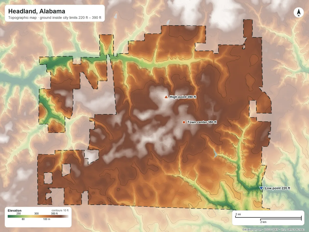 Topographic elevation map of Headland, Alabama, shaded from 220 ft on the southeast side to 390 ft on the northwest side