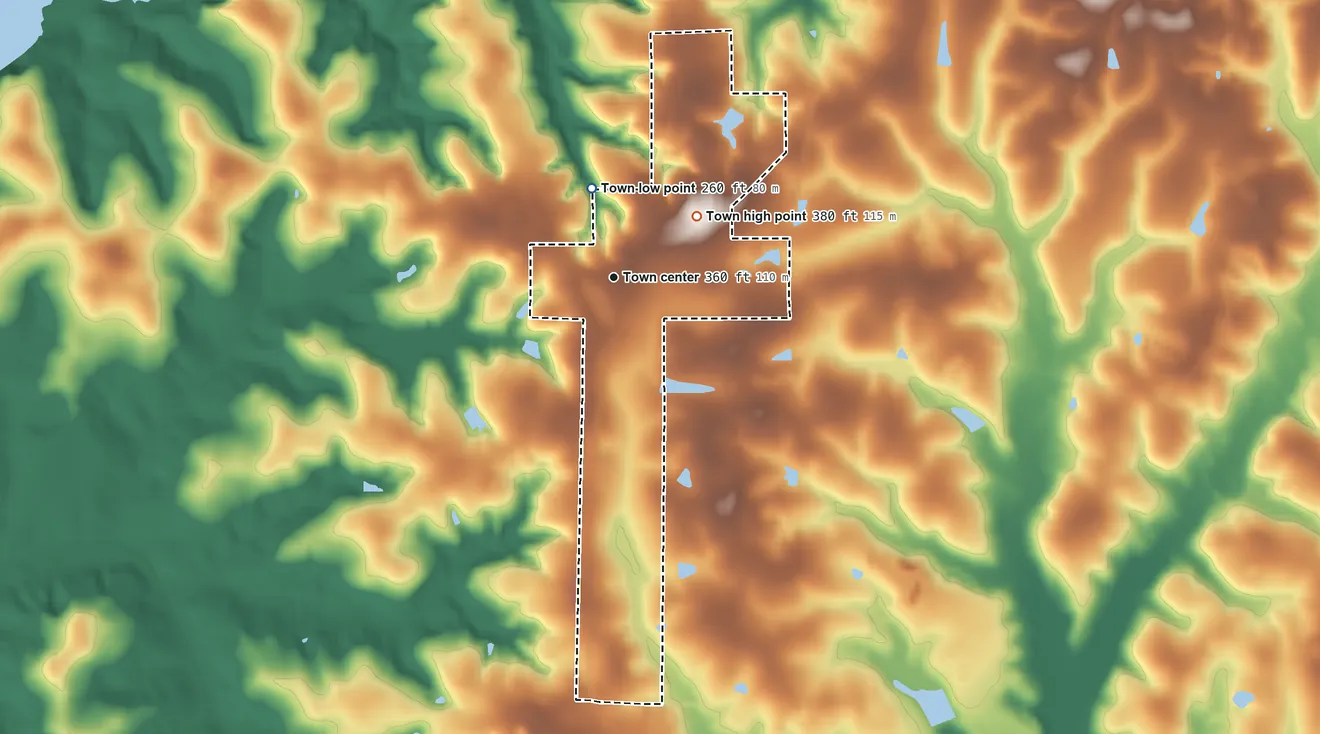 Topographic elevation map of Heath, Alabama, shaded from 260 ft on the north side to 380 ft on the northeast side