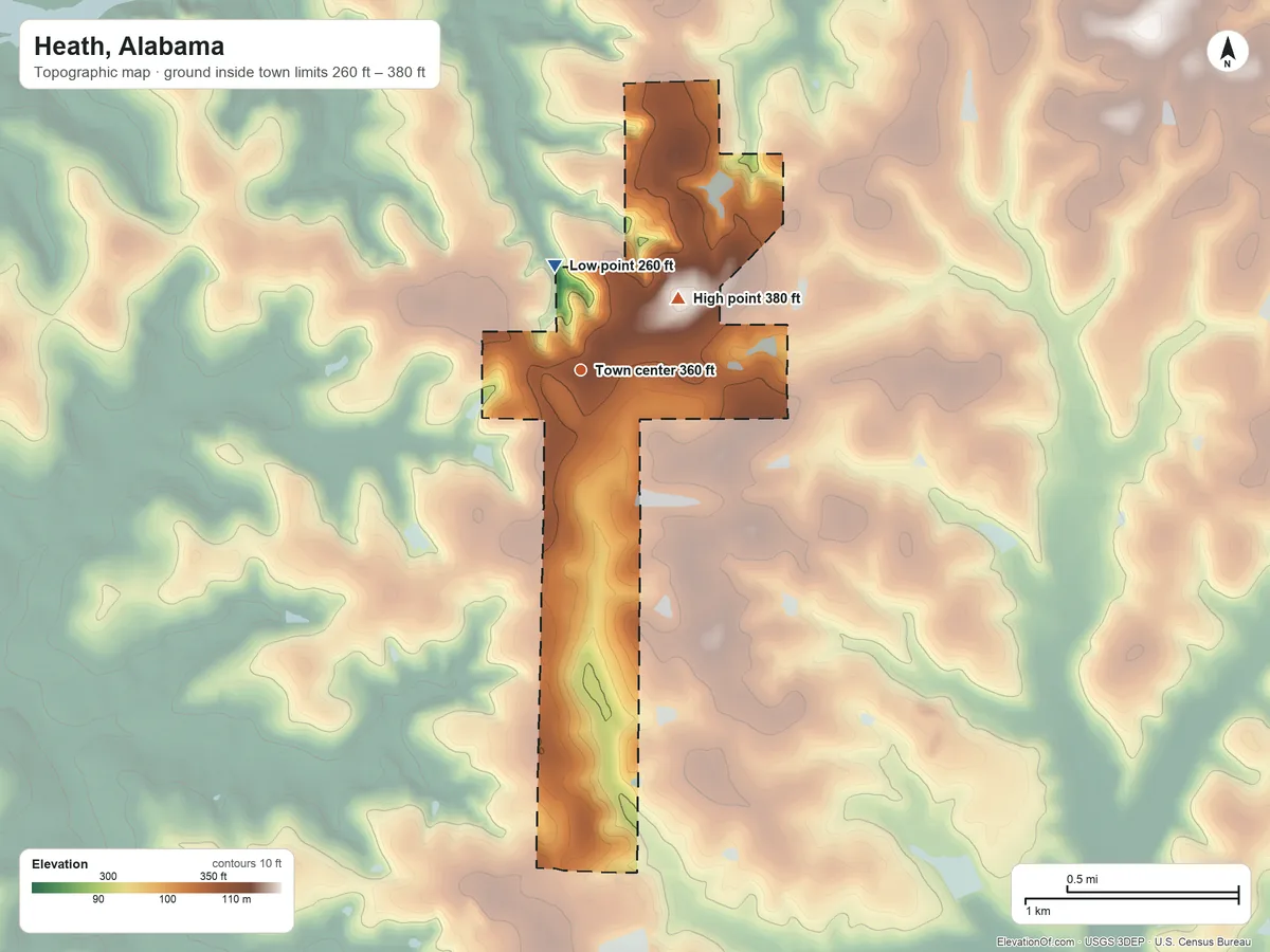 Topographic elevation map of Heath, Alabama, shaded from 260 ft on the north side to 380 ft on the northeast side