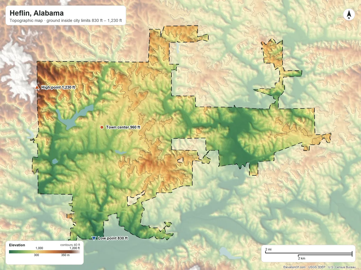 Topographic elevation map of Heflin, Alabama, shaded from 830 ft on the south side to 1,230 ft on the northwest side