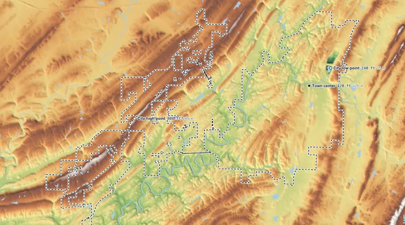 Topographic elevation map of Helena, Alabama, shaded from 240 ft near the middle to 800 ft on the west side