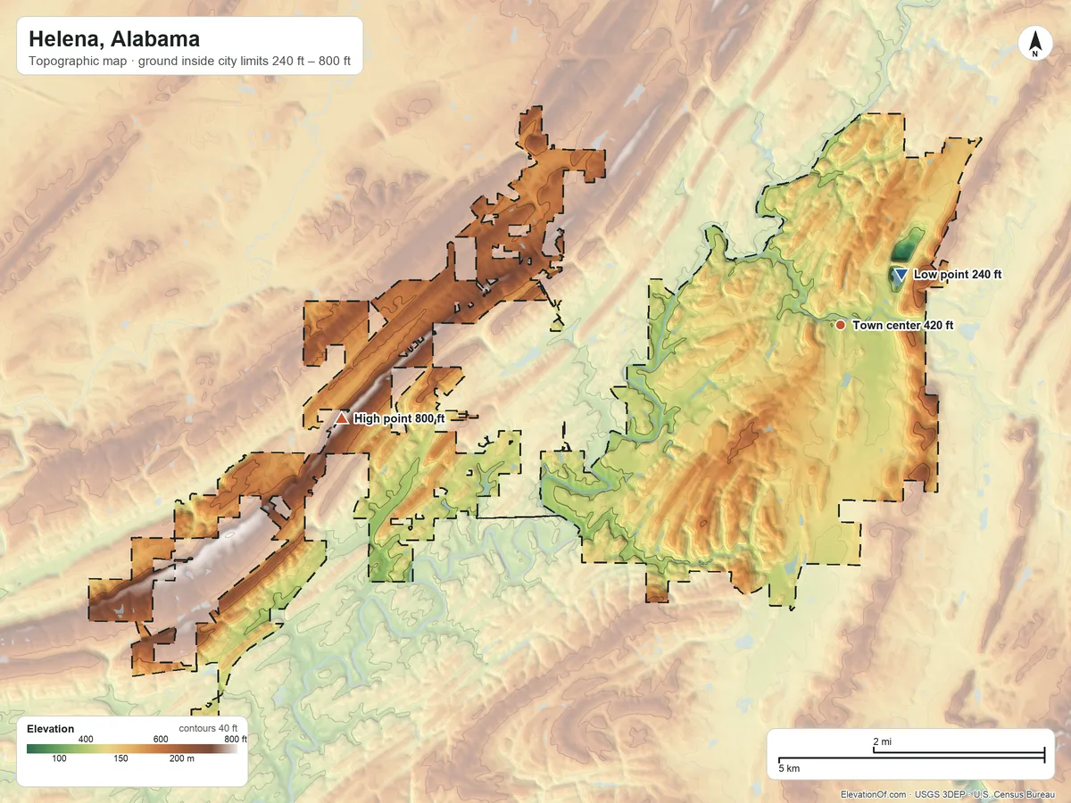 Topographic elevation map of Helena, Alabama, shaded from 240 ft near the middle to 800 ft on the west side