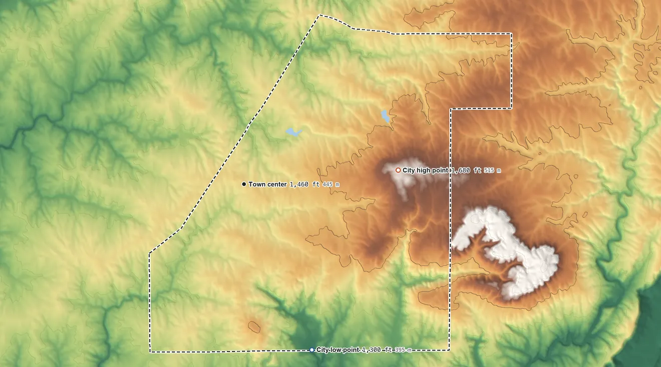 Topographic elevation map of Henagar, Alabama, shaded from 1,300 ft on the south side to 1,680 ft on the east side