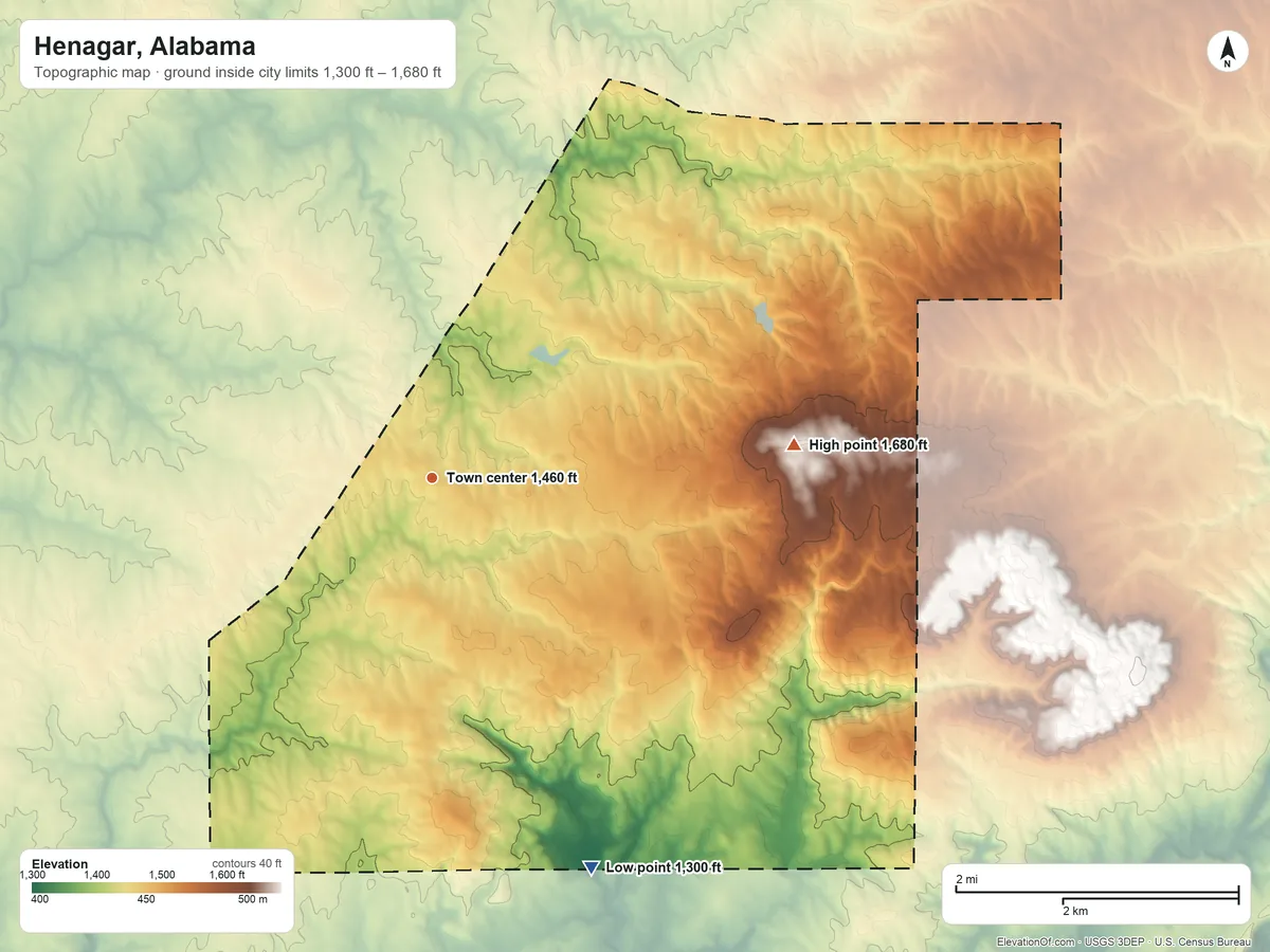 Topographic elevation map of Henagar, Alabama, shaded from 1,300 ft on the south side to 1,680 ft on the east side