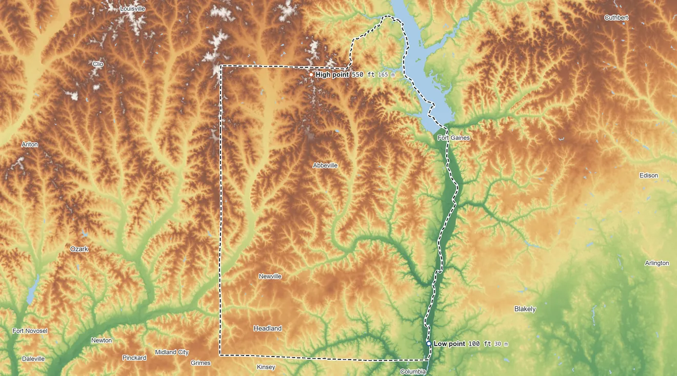 Topographic elevation map of Henry County, Alabama, shaded from 100 ft on the southeast side to 550 ft on the north side