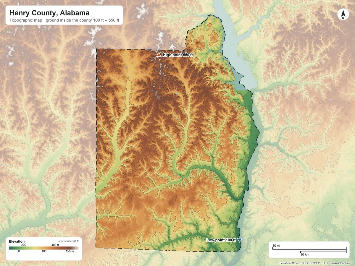 Topographic elevation map of Henry County, Alabama, shaded from 100 ft on the southeast side to 550 ft on the north side