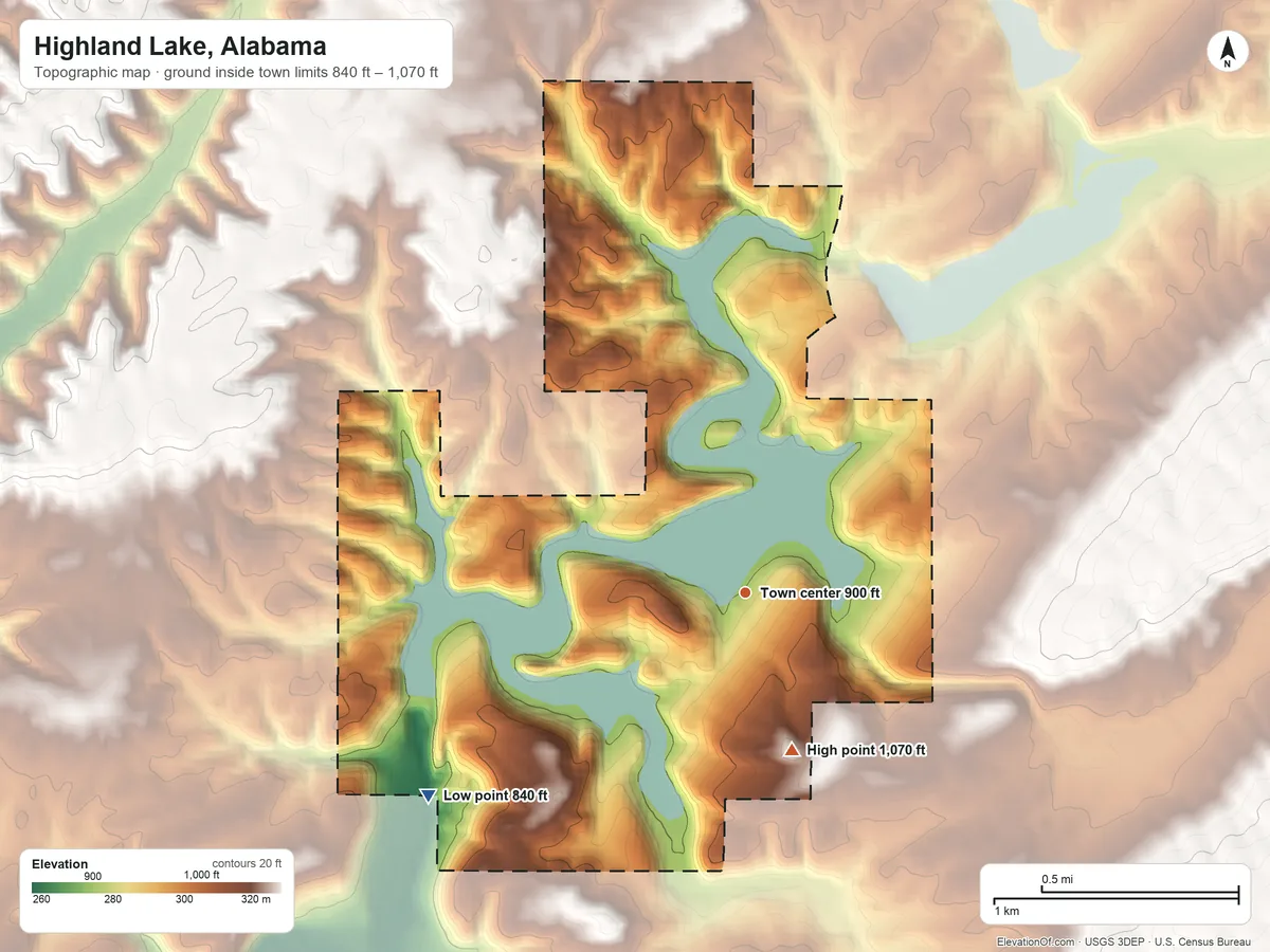 Topographic elevation map of Highland Lake, Alabama, shaded from 840 ft on the southwest side to 1,070 ft on the south side
