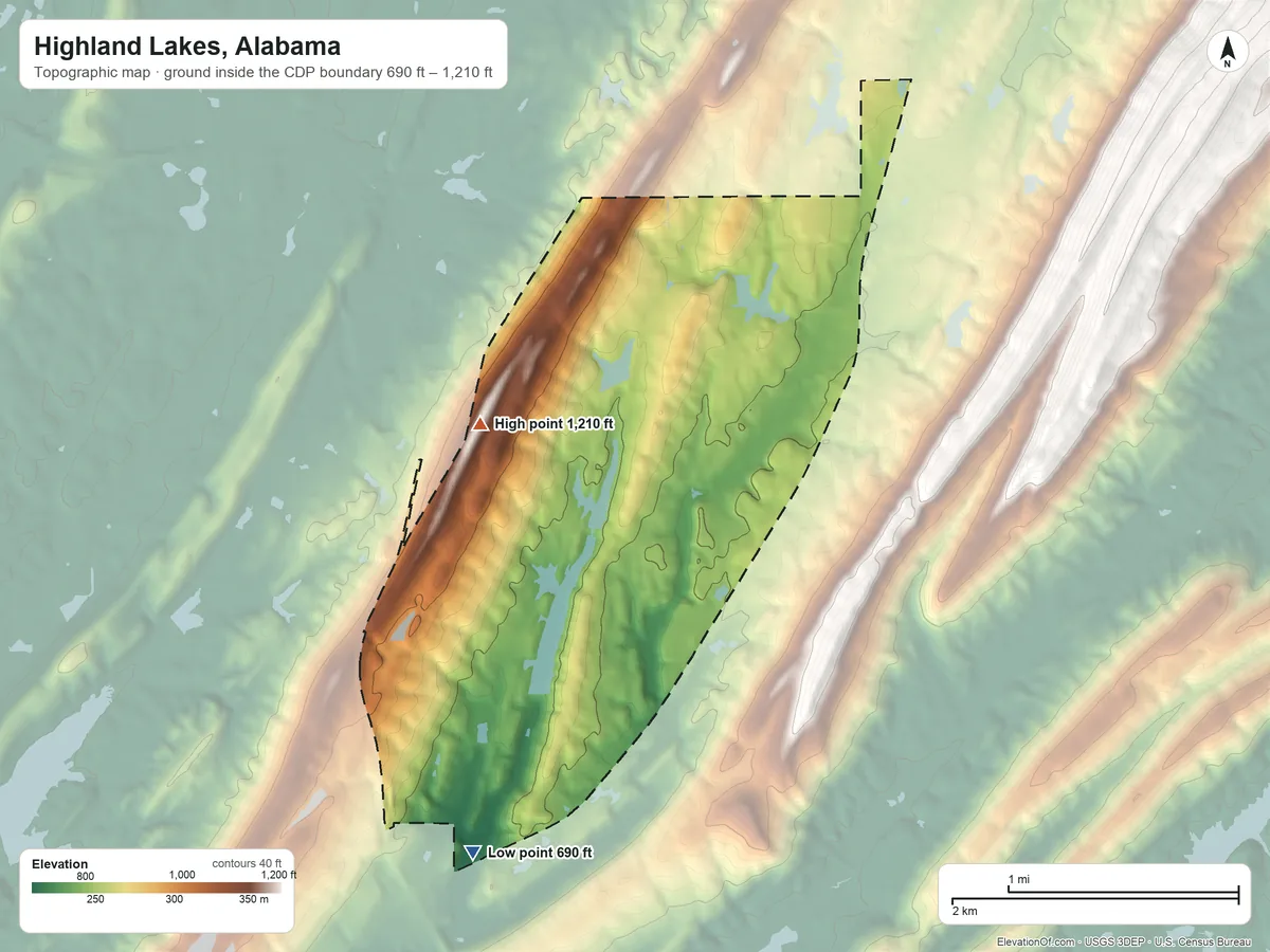 Topographic elevation map of Highland Lakes, Alabama, shaded from 690 ft on the southwest side to 1,210 ft on the west side