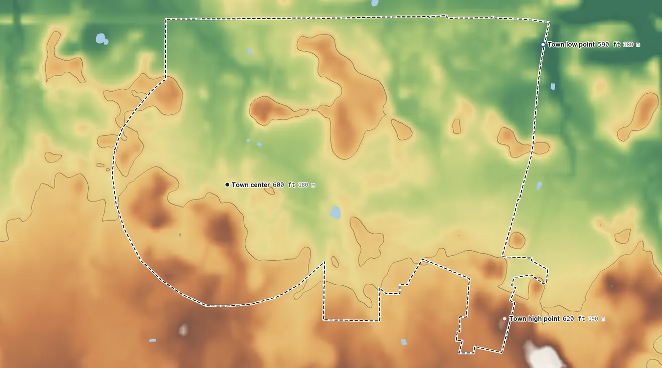Topographic elevation map of Hillsboro, Alabama, shaded from 590 ft on the northeast side to 620 ft on the southeast side