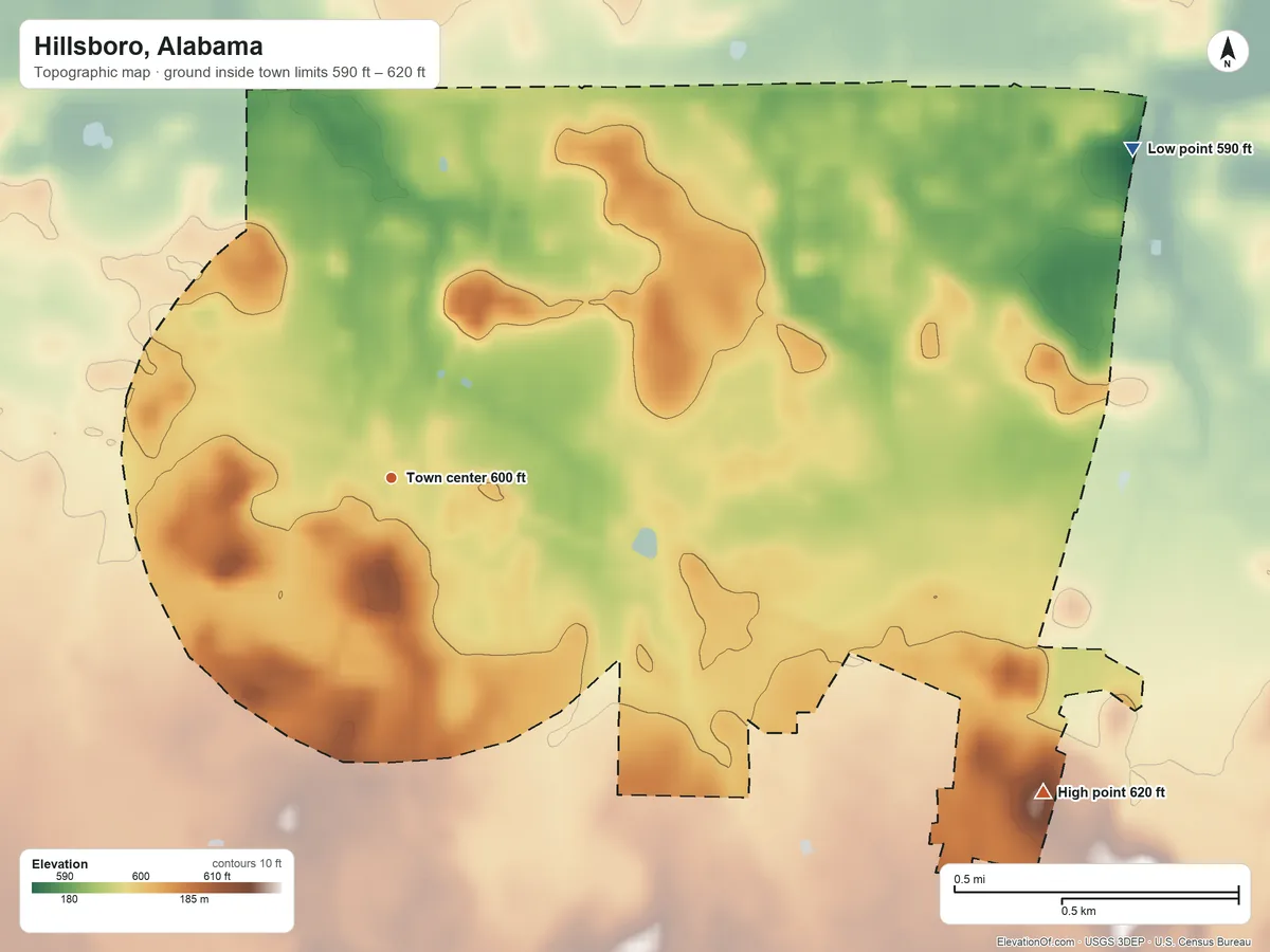 Topographic elevation map of Hillsboro, Alabama, shaded from 590 ft on the northeast side to 620 ft on the southeast side