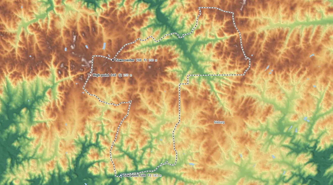 Topographic elevation map of Hissop, Alabama, shaded from 600 ft on the south side to 840 ft on the southwest side