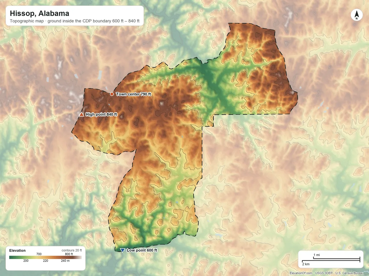 Topographic elevation map of Hissop, Alabama, shaded from 600 ft on the south side to 840 ft on the southwest side