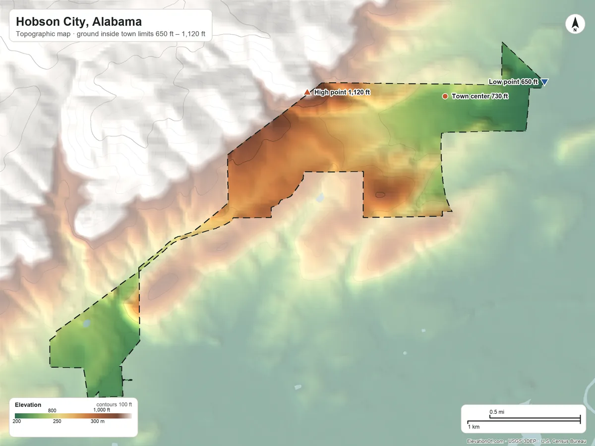 Topographic elevation map of Hobson City, Alabama, shaded from 650 ft on the east side to 1,120 ft at the foot of the Talladega Mountain