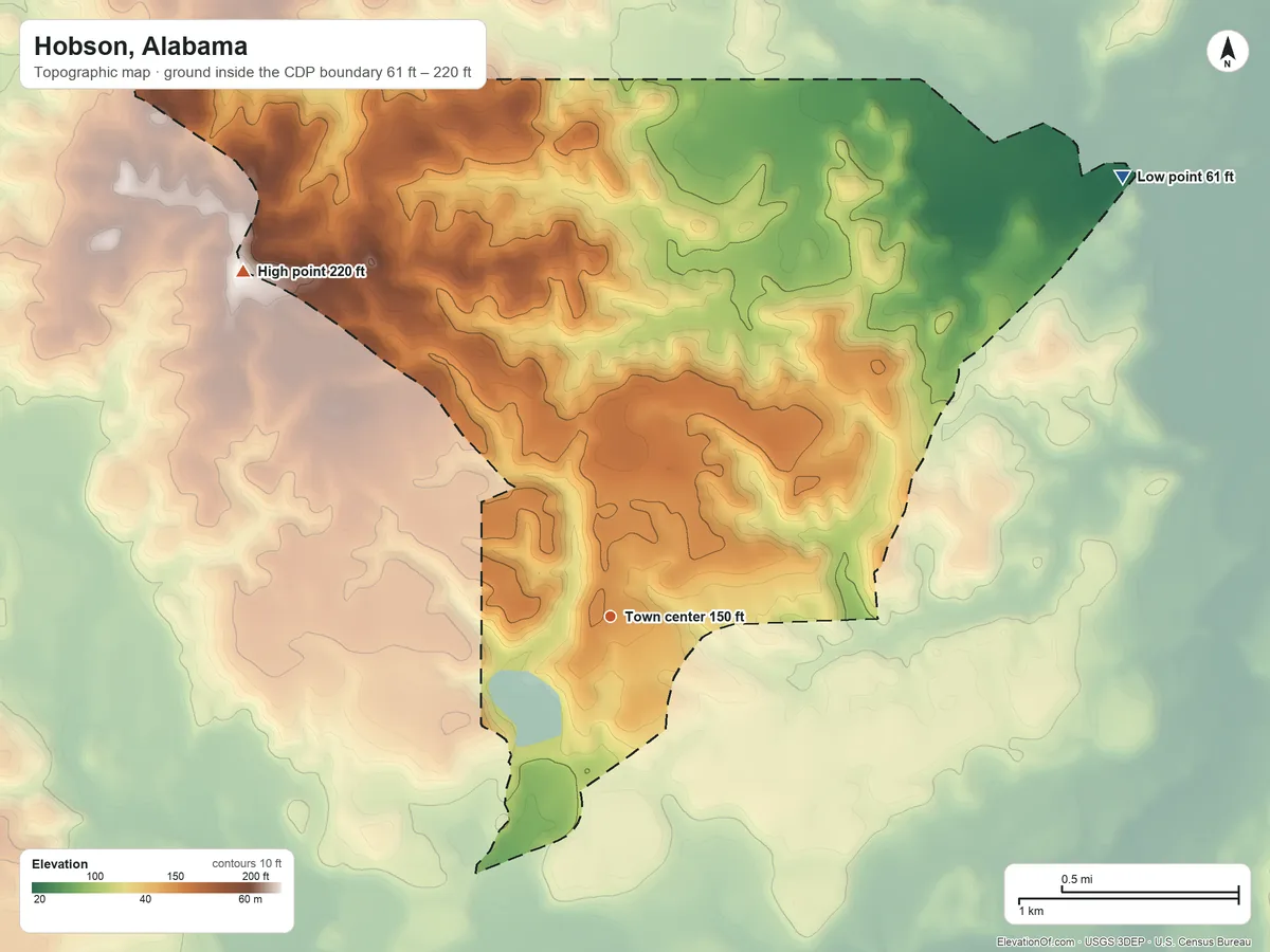 Topographic elevation map of Hobson, Alabama, shaded from 61 ft on the northeast side to 220 ft on the northwest side