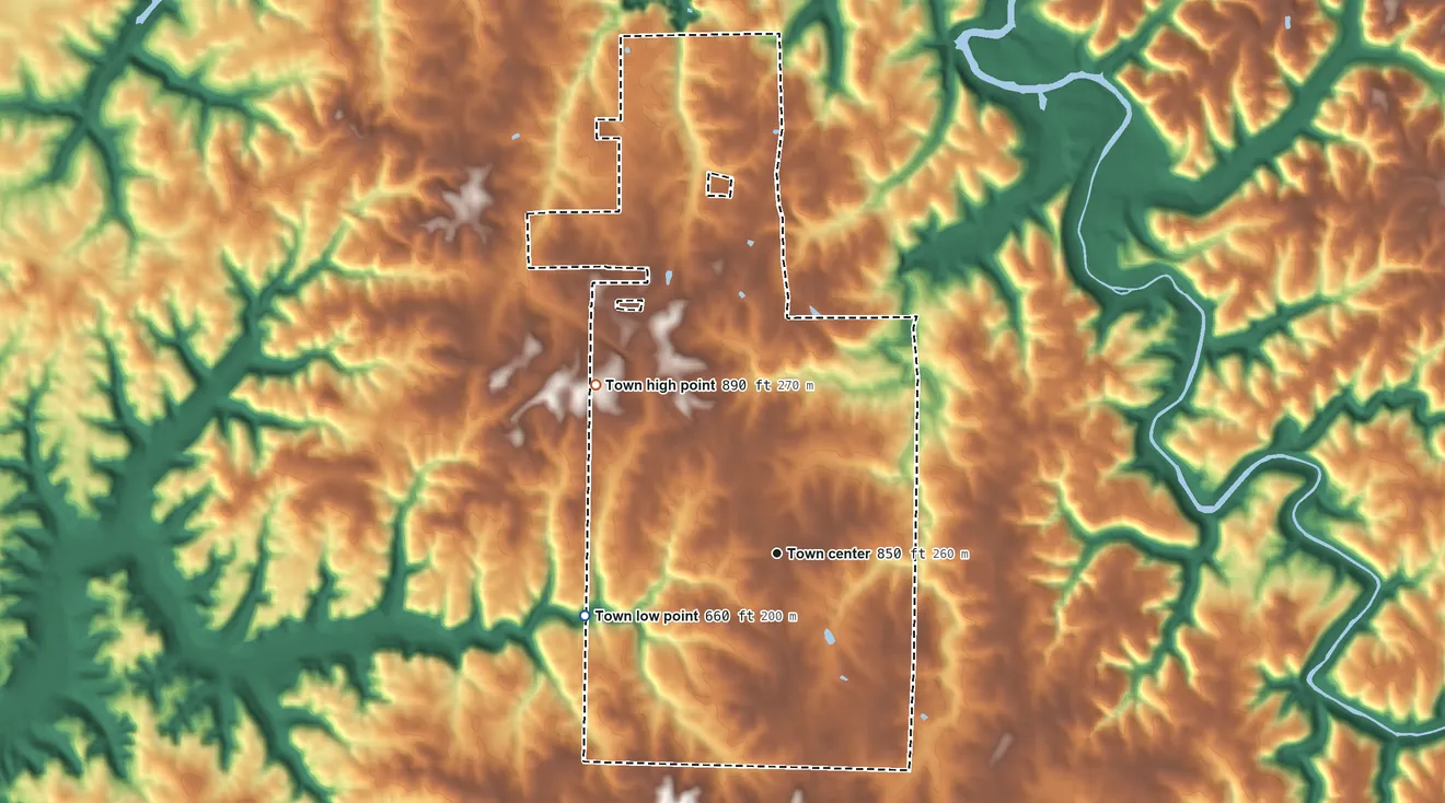 Topographic elevation map of Hodges, Alabama, shaded from 660 ft on the west side to 890 ft on the northwest side