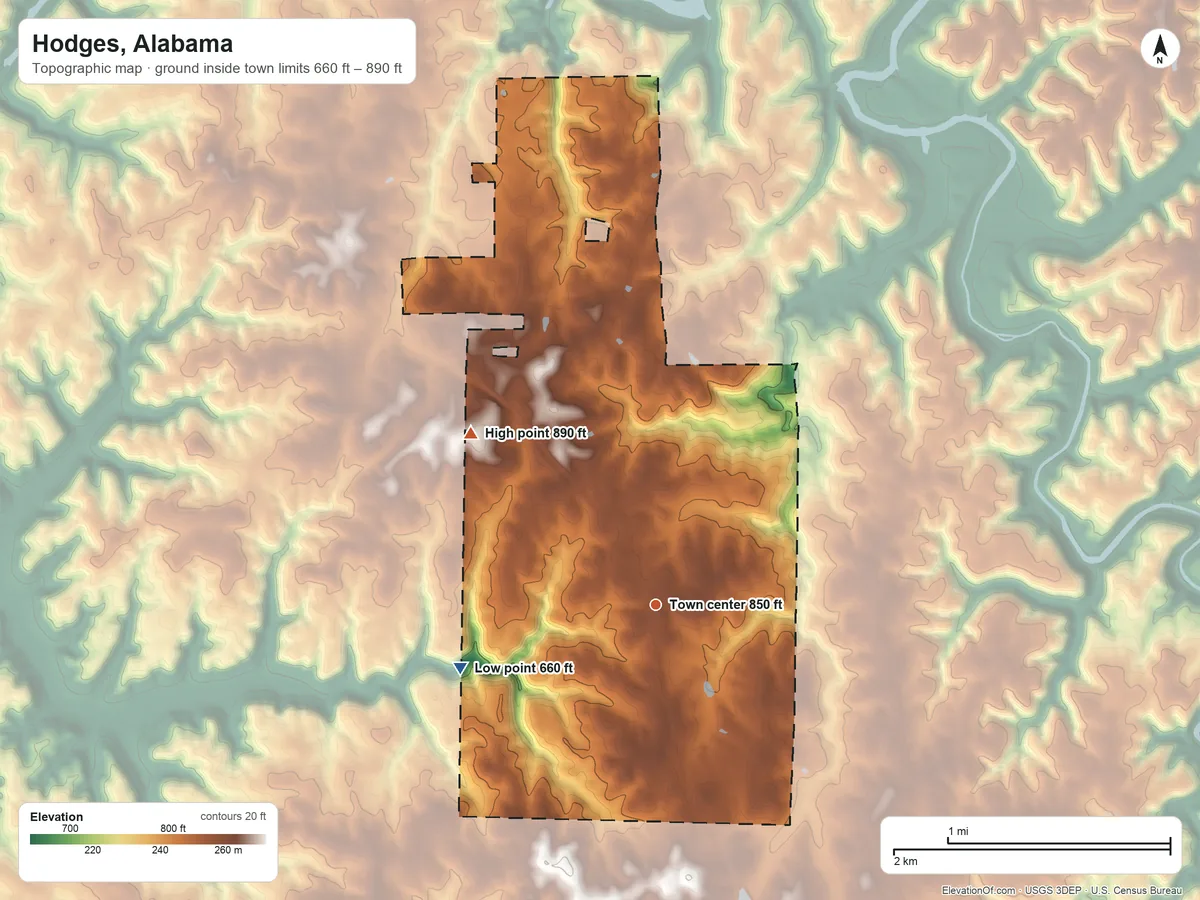 Topographic elevation map of Hodges, Alabama, shaded from 660 ft on the west side to 890 ft on the northwest side