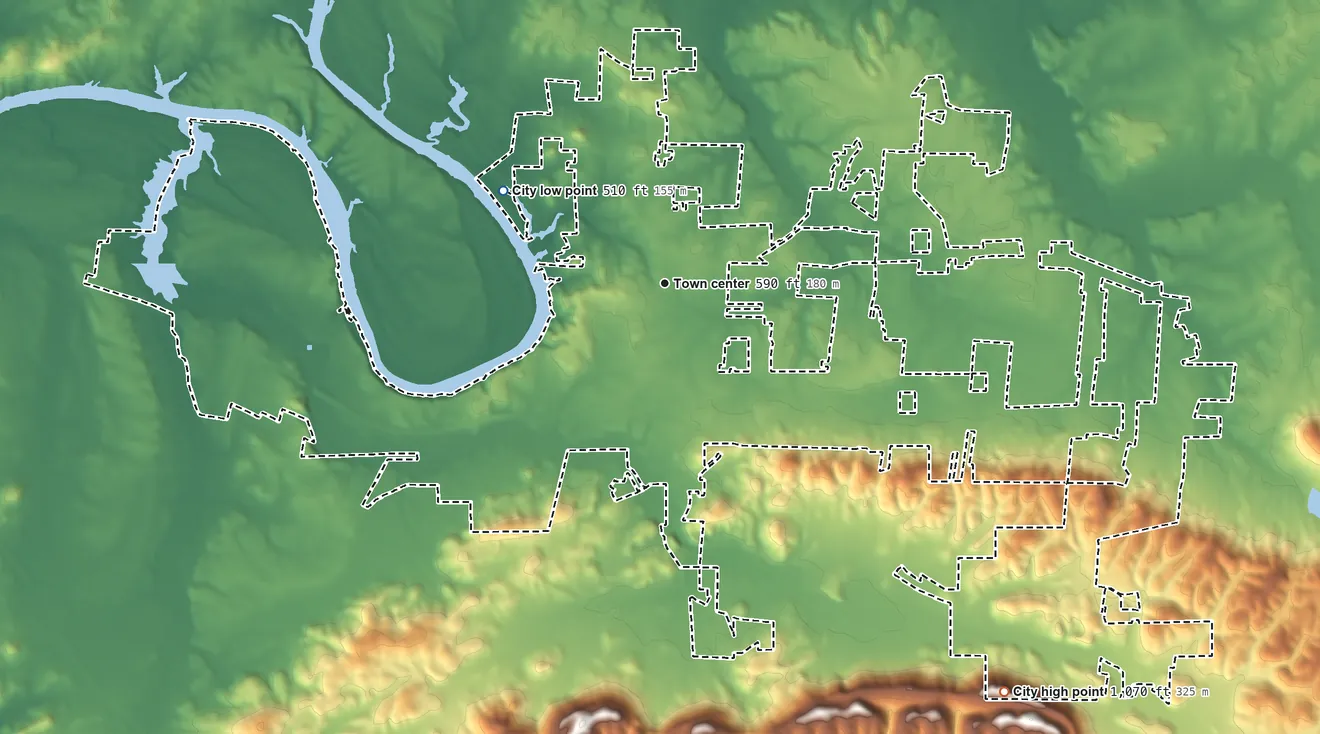 Topographic elevation map of Hokes Bluff, Alabama, shaded from 510 ft on the northwest side to 1,070 ft on the southeast side