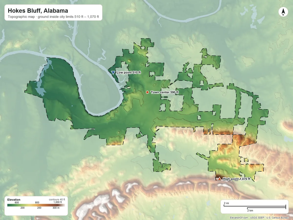 Topographic elevation map of Hokes Bluff, Alabama, shaded from 510 ft on the northwest side to 1,070 ft on the southeast side