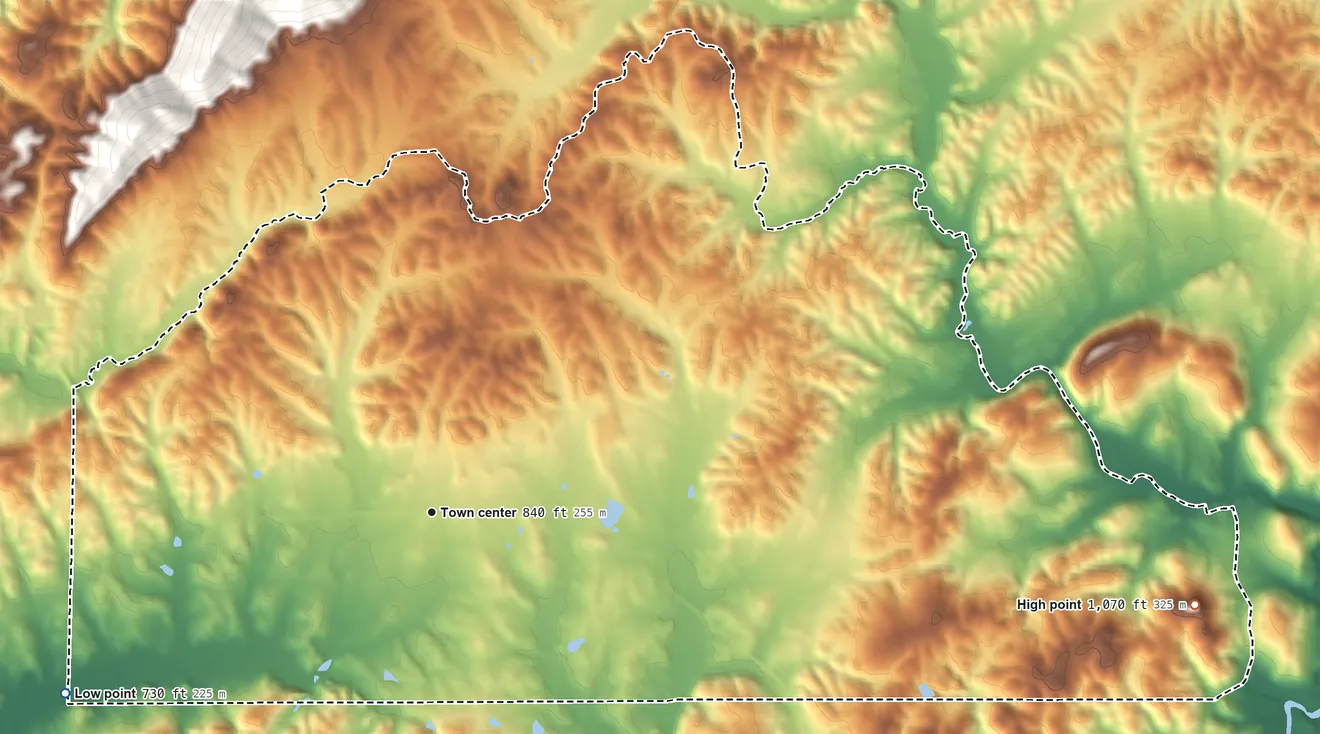 Topographic elevation map of Hollins, Alabama, shaded from 730 ft on the southwest side to 1,070 ft on the east side
