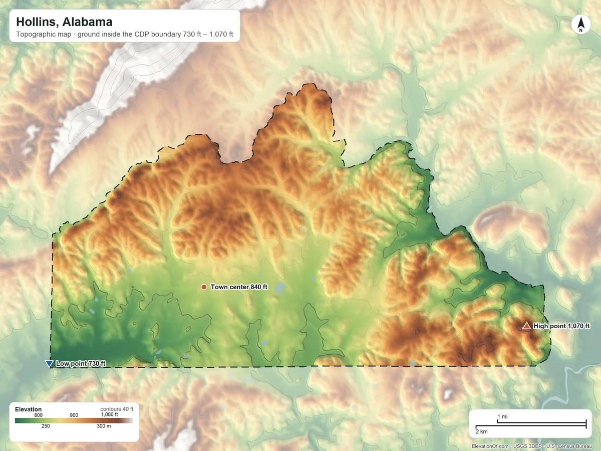 Topographic elevation map of Hollins, Alabama, shaded from 730 ft on the southwest side to 1,070 ft on the east side